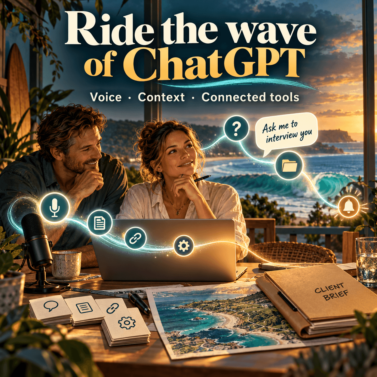 Cinematic illustration of a learner and mentor exploring voice, connected tools and questions before preparing a property brief