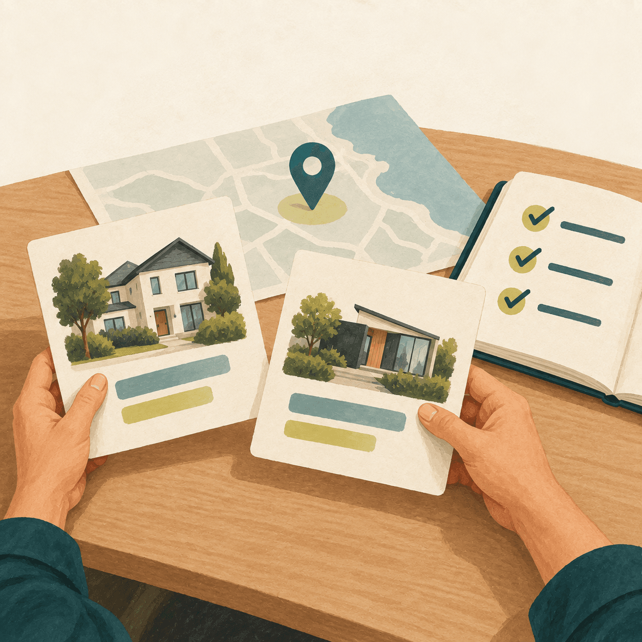 Illustration of property research, a location map and a client checklist