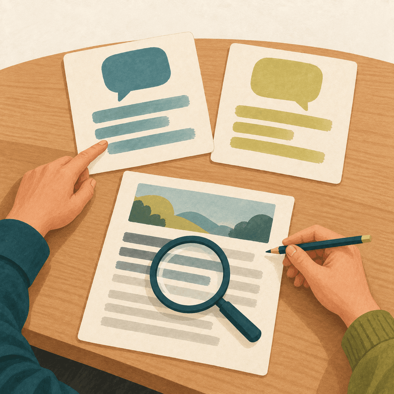 Illustration of two colleagues comparing AI responses and reviewing content