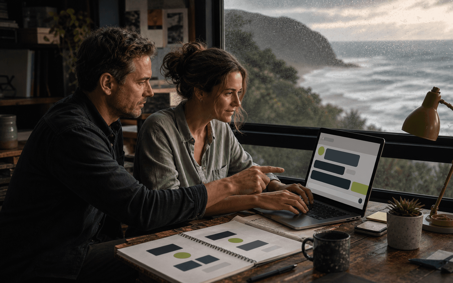 A small-business client practising a conversational AI workflow with an adviser.