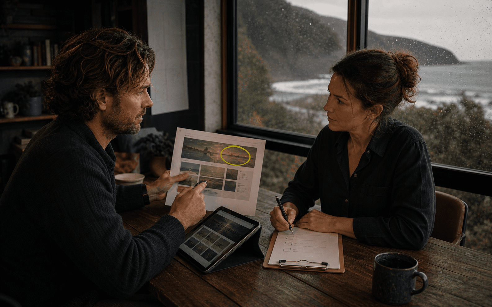 A client presenting one identified product improvement while an adviser scopes the work.