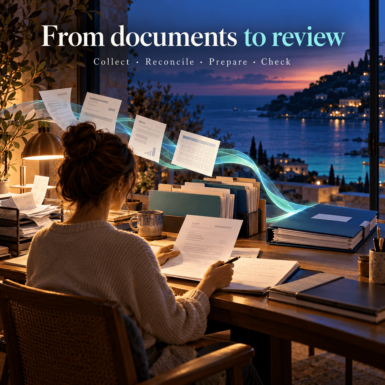 Cinematic illustration of a person reviewing a prepared evidence pack as documents move into organised folders