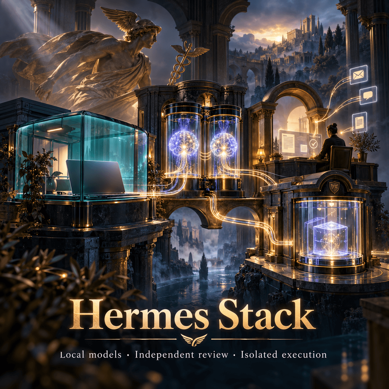 Cinematic conceptual illustration of local models, an independent review station and contained execution in a Hermes-inspired architectural world