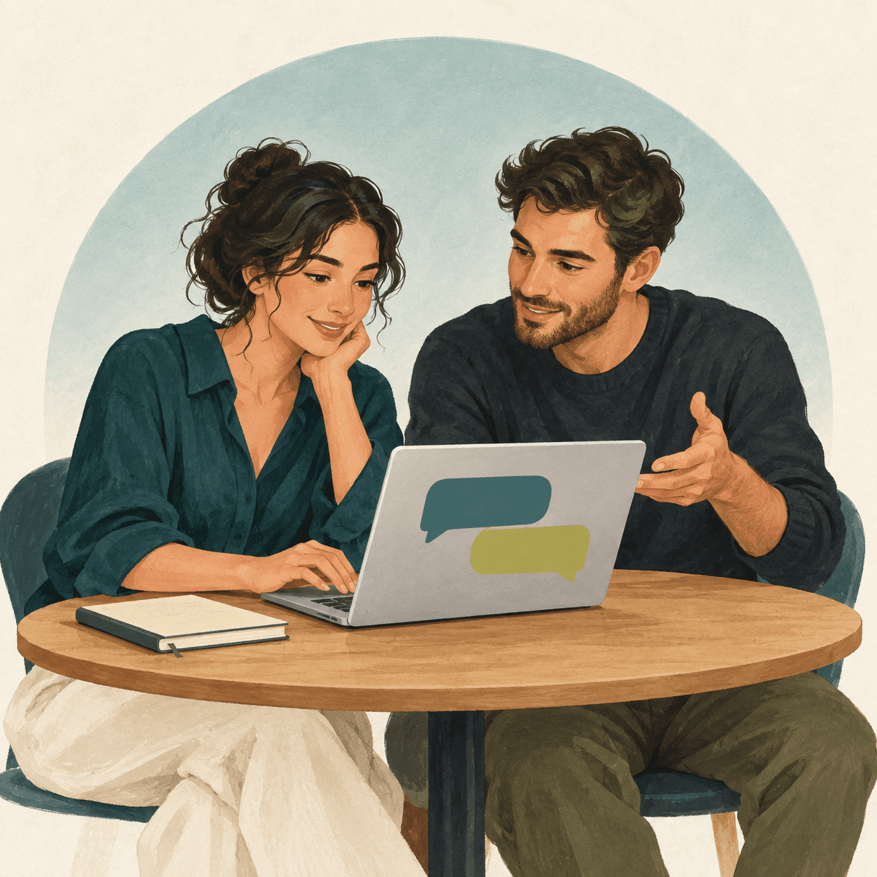Illustration of two people working through a task together on a laptop