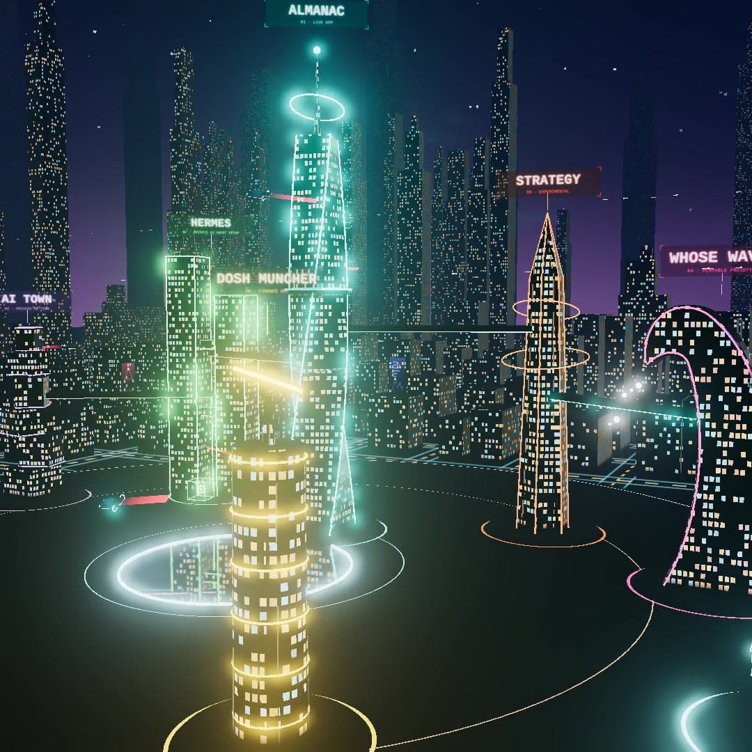 Actual Neon City with illuminated project towers and flying vehicles