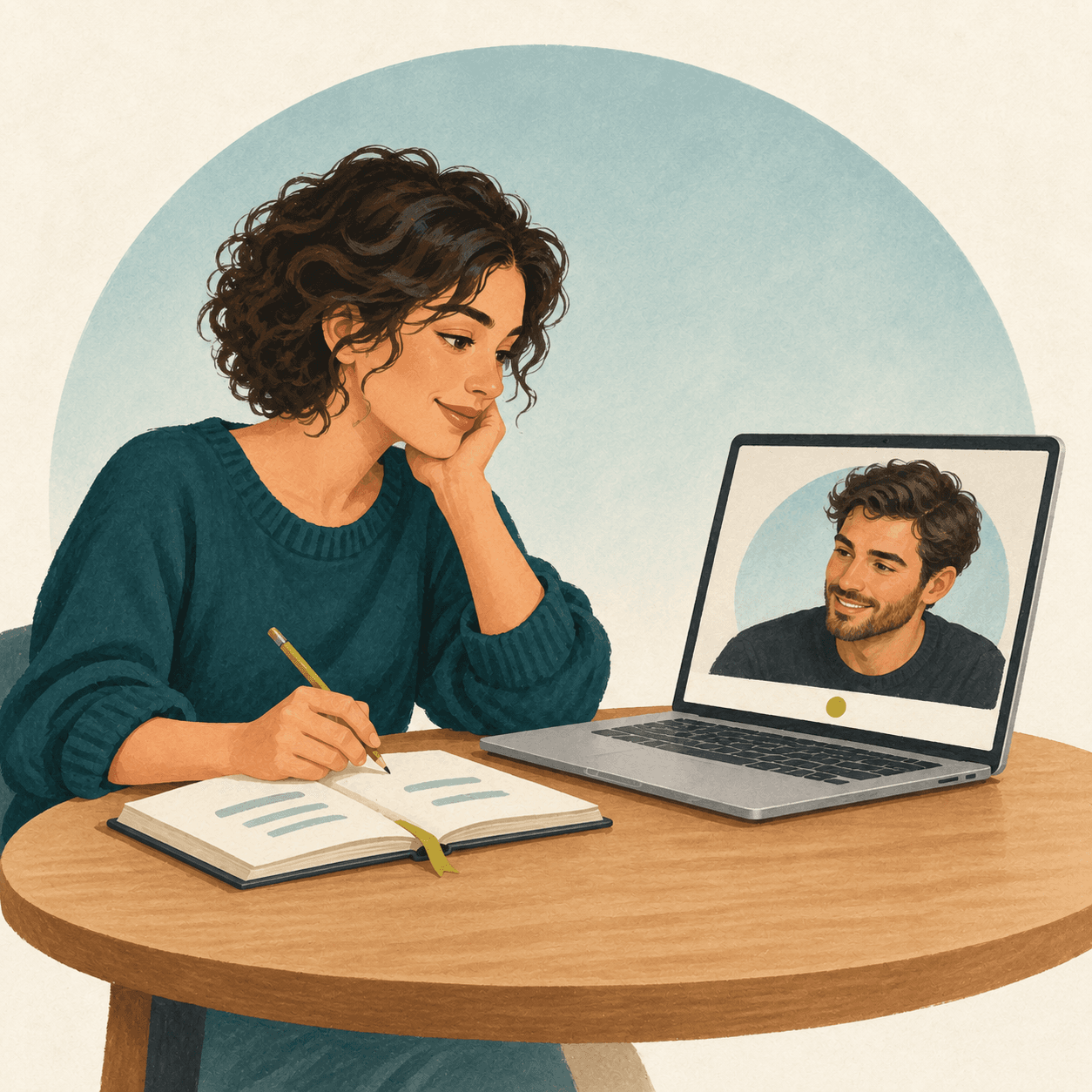Illustration of a learner reviewing notes with a mentor on a video call