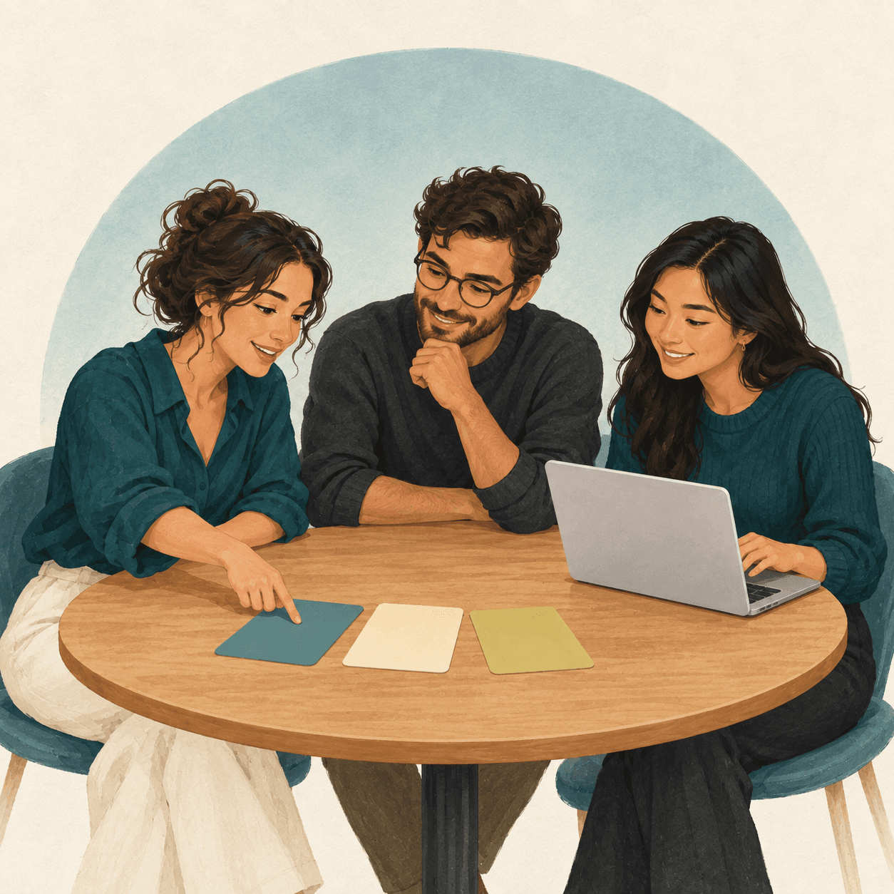 Illustration of three colleagues discussing a workflow around a laptop