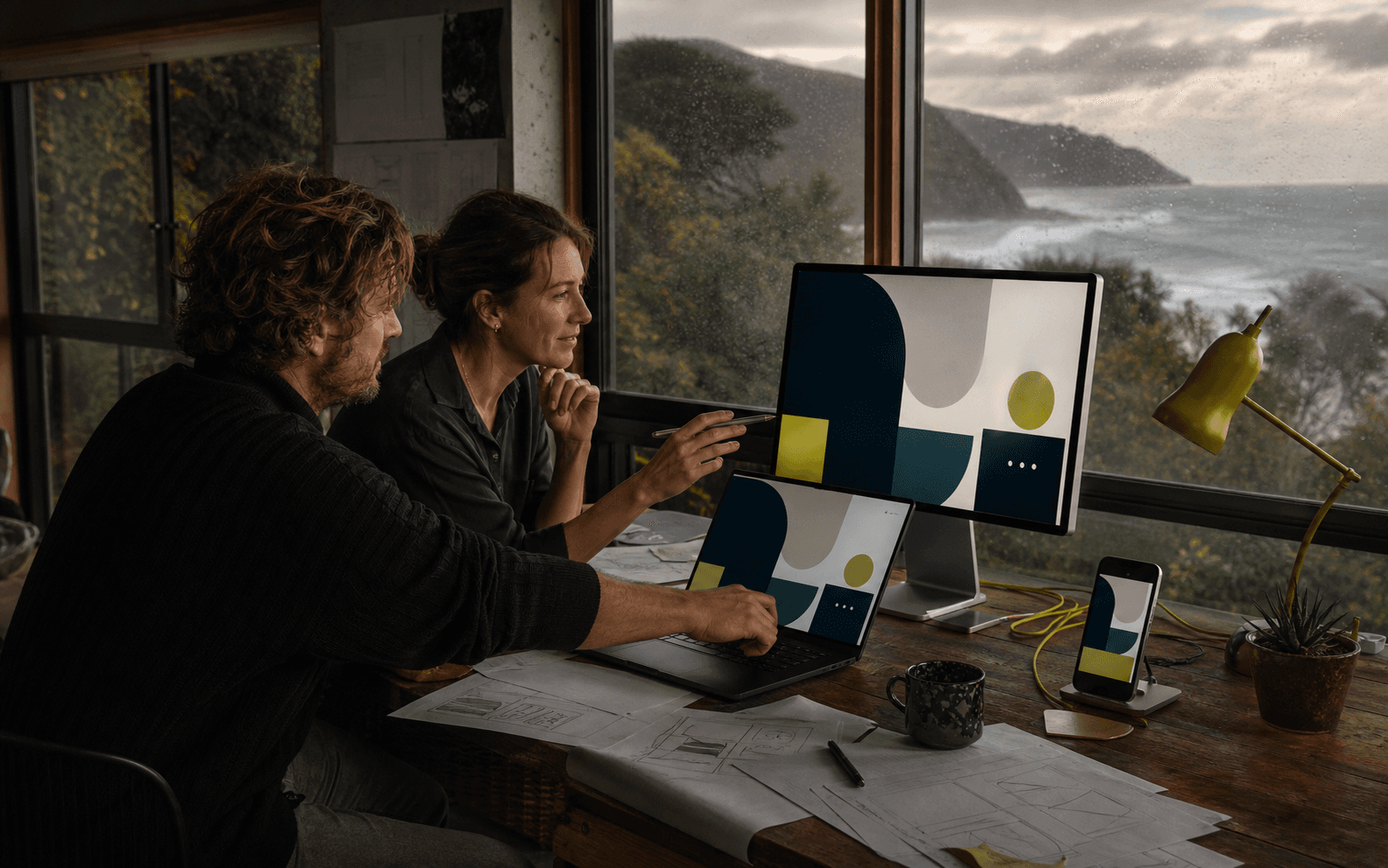 A small-business owner and product designer reviewing a responsive website in a coastal studio.