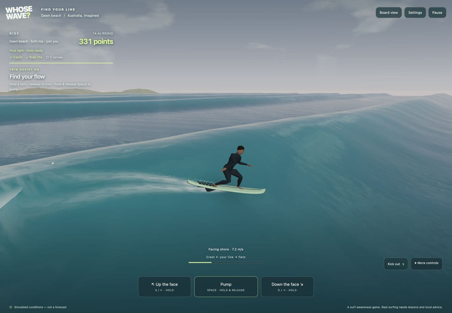 Actual Whose Wave gameplay showing a surfer riding, progress and carving controls