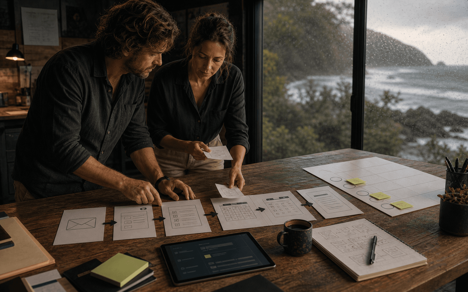 A business owner and adviser mapping everyday work and prioritising improvement opportunities.