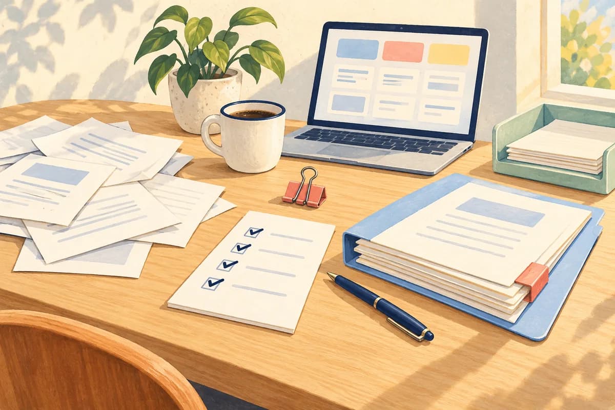 Warm illustration of paperwork being organised into folders for human review