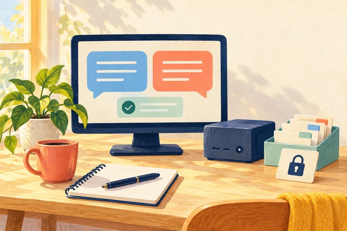 Warm illustration of a desktop computer, paired conversation bubbles, a review check and a lock symbol