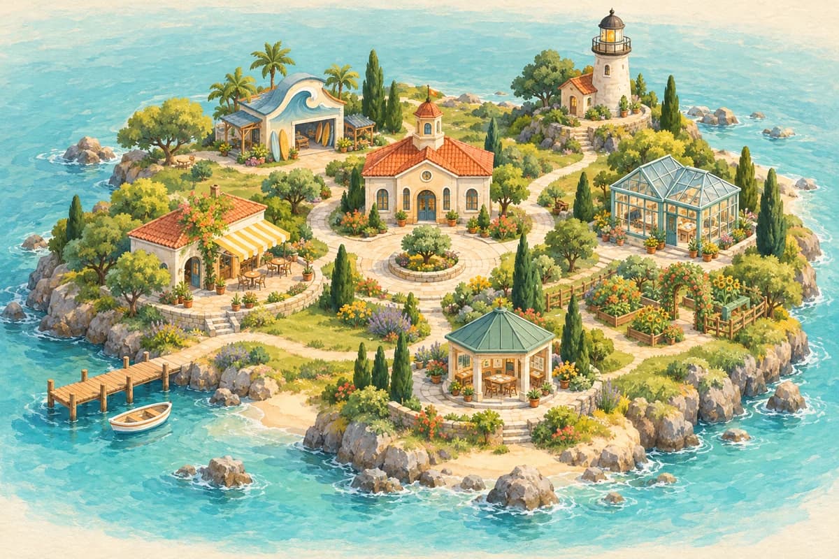 Painted coastal town with connected project buildings and pathways
