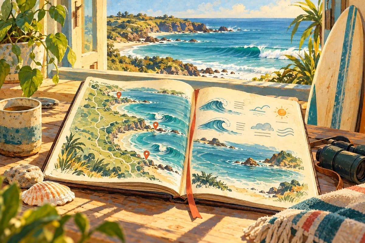 Painted surf atlas with coastal maps, wave conditions and a surfboard