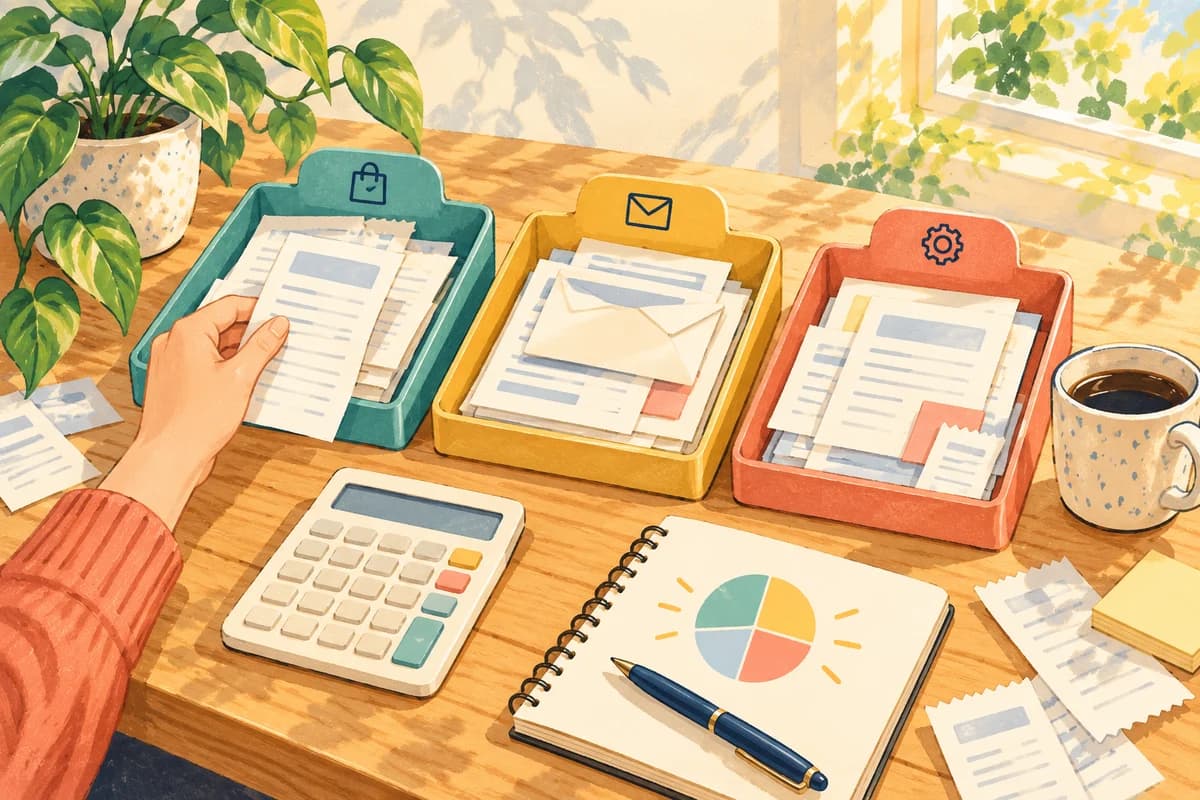 Painted client, income and expense trays with a calculator and notebook