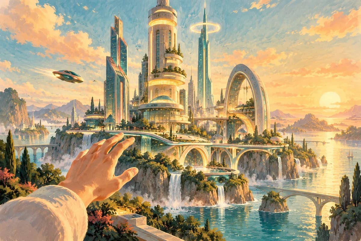 Painted futuristic portfolio city with a hand exploring its towers and flying vehicles
