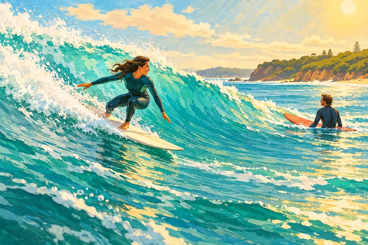 Painted surfer riding a turquoise wave while another waits with a board