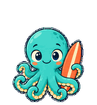 Kelpie, a turquoise octopus holding a surfboard