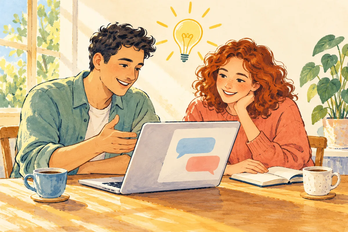 Illustration of two people working through ideas together around a laptop