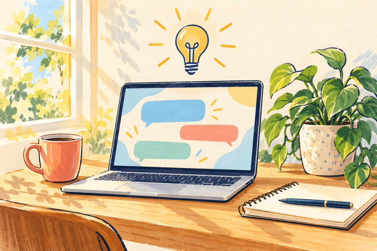 Illustration of a sunny desk with a laptop, colourful conversation bubbles and a lightbulb idea